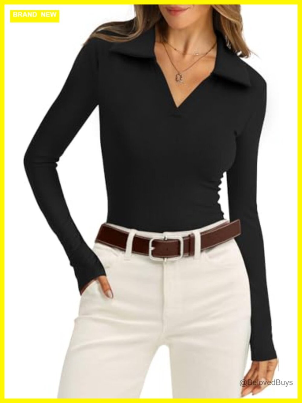 Womens Long Sleeve Polo Shirt Ribbed Knit Collared Slim Fit Business Casual Top